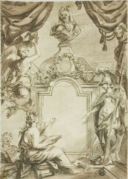 Framed Print : Design for Title page: Clio Taking Dictation from Minerva, n.d. Creator: Gerard de Lairesse Framed Print : Design for Title page: Clio Taking Dictation from Minerva, n.d. Creator: Gerard de Lairesse