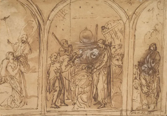 Framed Print : A Design for a Triptych with the Adoration of the Two Saints, early 17th century Framed Print : A Design for a Triptych with the Adoration of the Two Saints, early 17th century