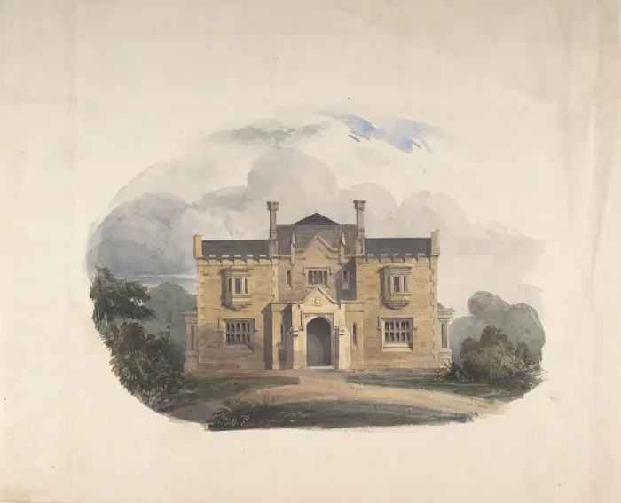 Framed Print : Design for a Tudoresque Villa, Elevation, 19th century. Creator: Anon Framed Print : Design for a Tudoresque Villa, Elevation, 19th century. Creator: Anon