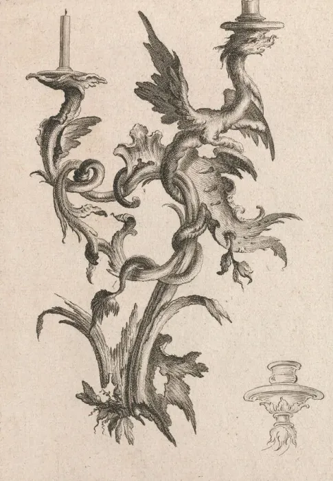 Framed Print : Design for a Two-Armed Candelabra with a Dragon, Plate 1 from an Untitled S Framed Print : Design for a Two-Armed Candelabra with a Dragon, Plate 1 from an Untitled S