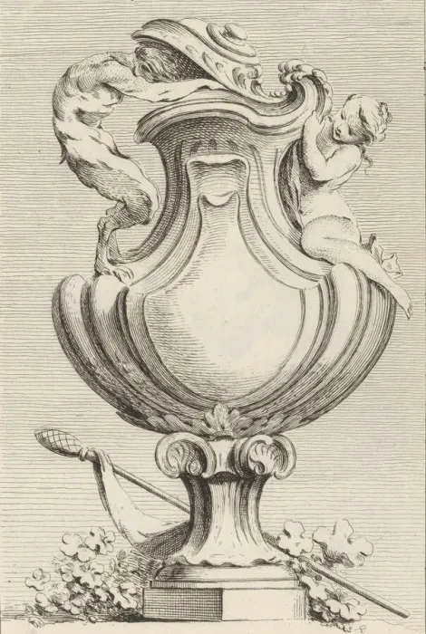 Framed Print : Design for a vase with a faun and a nymph, from Livre de Vases (Book of Vases), plate 1 Framed Print : Design for a vase with a faun and a nymph, from Livre de Vases (Book of Vases), plate 1