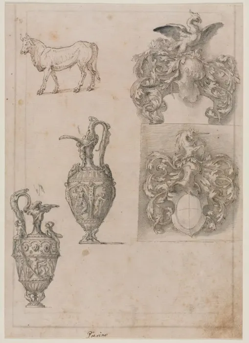 Framed Print : Design for Two Vases, Two Coats of Arms, and a Bull (recto) Several Line Borders (verso) Framed Print : Design for Two Vases, Two Coats of Arms, and a Bull (recto) Several Line Borders (verso)