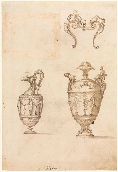 Design for Two Vases and an Ornament (recto), mid 1500s. Creator: Luzio Romano (Italian