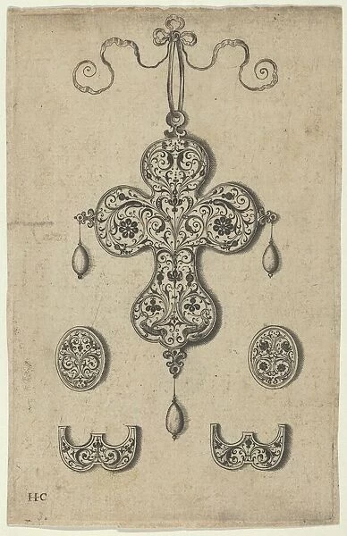Design for the Verso of a Cross-Shaped Pendant Above a Pair of Oval Ornaments and A... before 1573. Creator: Jan Collaert I