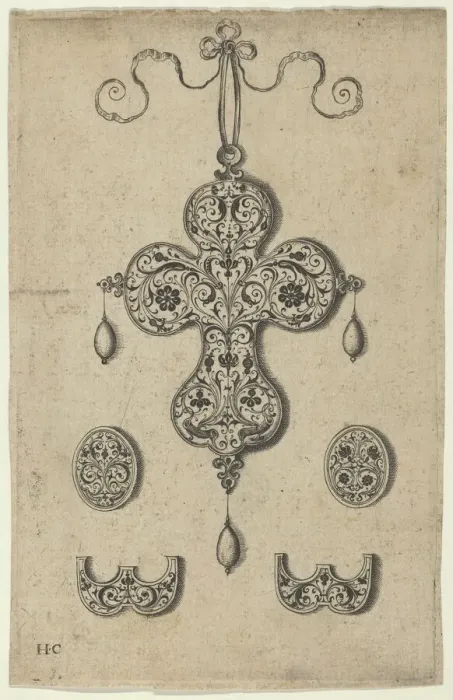 Framed Print : Design for the Verso of a Cross-Shaped Pendant Above a Pair of Oval Ornaments and A... before 1573. Creator: Jan Collaert I Framed Print : Design for the Verso of a Cross-Shaped Pendant Above a Pair of Oval Ornaments and A... before 1573. Creator: Jan Collaert I