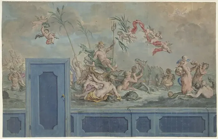 Framed Print : Design for a wall decoration with Neptune and entourage, 1751. Creator: Ruik Keyert Framed Print : Design for a wall decoration with Neptune and entourage, 1751. Creator: Ruik Keyert