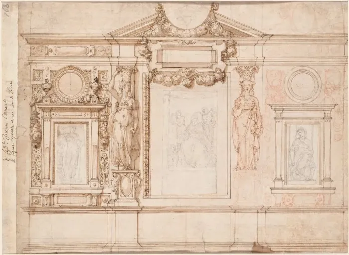 Framed Print : Design for a Wall Decoration with Pasted-in Sketches after Raphael (verso), c. 1580s-90s Framed Print : Design for a Wall Decoration with Pasted-in Sketches after Raphael (verso), c. 1580s-90s