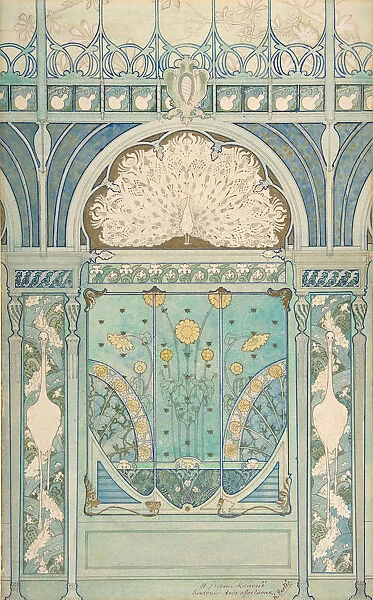 Design for a Wall Decoration with Peacock, Cranes, and Sunflowers for the Restaurant
