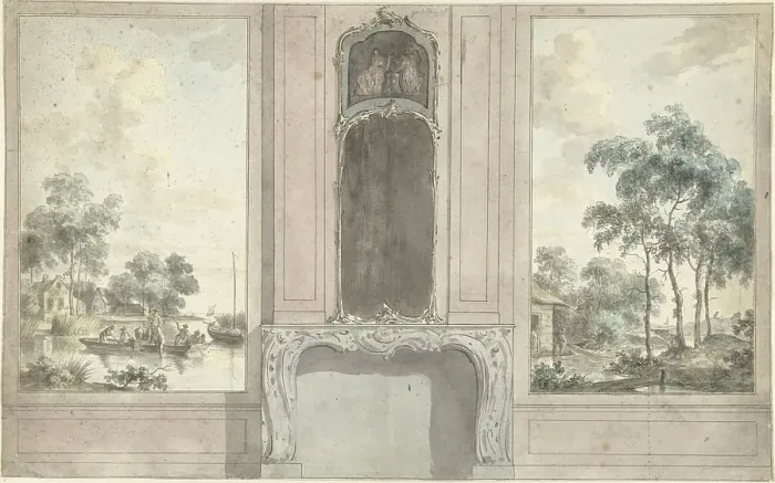 Framed Print : Design for a wall painting with fireplace, 1752-1819. Creator: Juriaan Andriessen