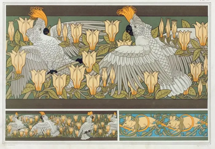 Framed Print : Design for wallpaper border Cockatoo and Magnolia, pub. 1897. Creator Framed Print : Design for wallpaper border Cockatoo and Magnolia, pub. 1897. Creator