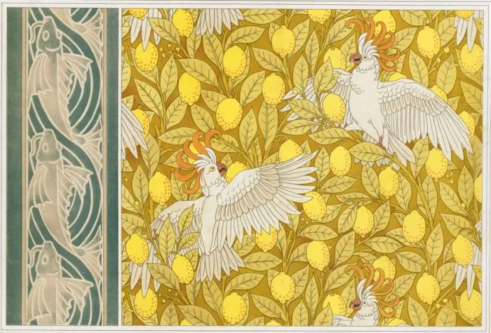 Framed Print : Design for Wallpaper Cockatoos with Lemons and Wallpaper Border with Framed Print : Design for Wallpaper Cockatoos with Lemons and Wallpaper Border with