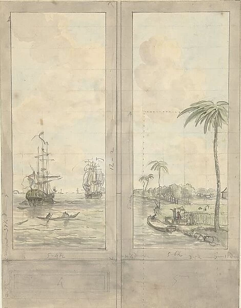 Design for two wallpapers: river with ships in the colonies, c.1752-c.1819. Creator: Juriaan Andriessen