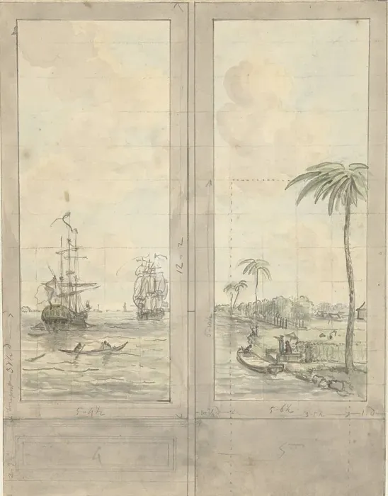 Framed Print : Design for two wallpapers: river with ships in the colonies, c.1752-c.1819. Creator: Juriaan Andriessen Framed Print : Design for two wallpapers: river with ships in the colonies, c.1752-c.1819. Creator: Juriaan Andriessen