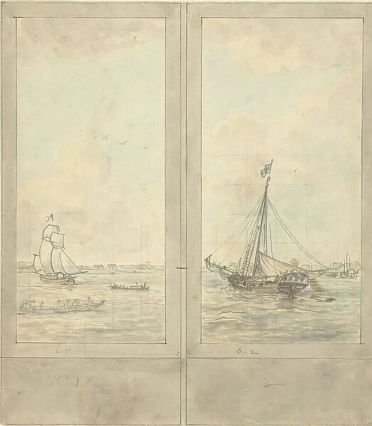 Design for two wallpapers: river with ships in the Netherlands, c.1752-c.1819. Creator: Juriaan Andriessen