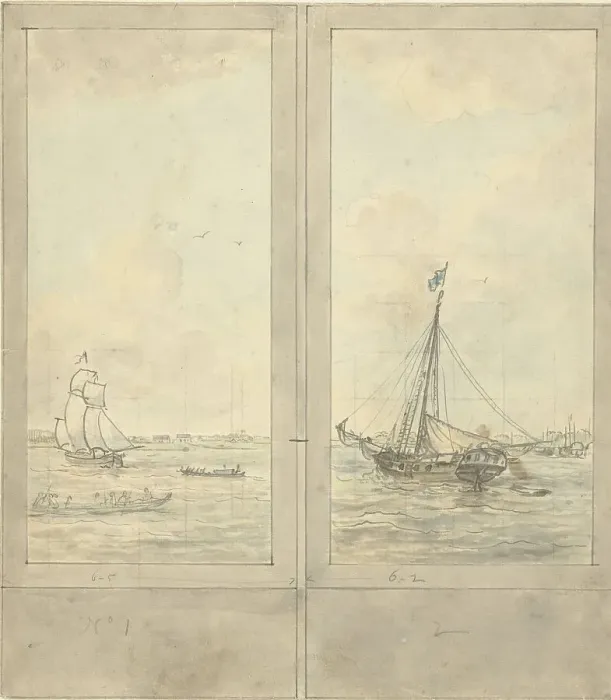 Framed Print : Design for two wallpapers: river with ships in the Netherlands, c.1752-c.1819. Creator: Juriaan Andriessen Framed Print : Design for two wallpapers: river with ships in the Netherlands, c.1752-c.1819. Creator: Juriaan Andriessen