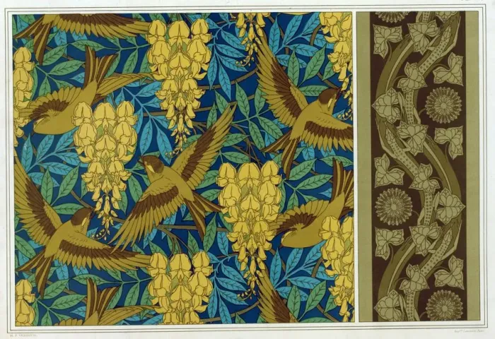 Framed Print : Designs for Birds and Wisteria Hanging and wallpaper border with Lizards and Ivy, pub Framed Print : Designs for Birds and Wisteria Hanging and wallpaper border with Lizards and Ivy, pub