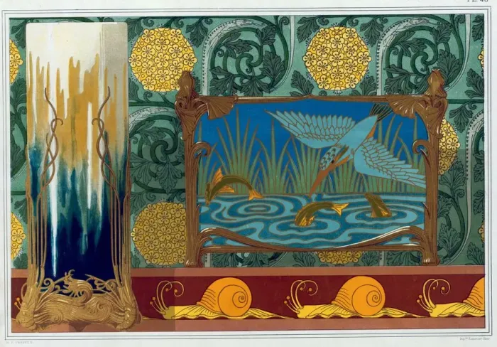 Framed Print : Designs for Bronze Vase Support, Wallpaper and border, and Enamel and Bronze Jardiniere, pub Framed Print : Designs for Bronze Vase Support, Wallpaper and border, and Enamel and Bronze Jardiniere, pub