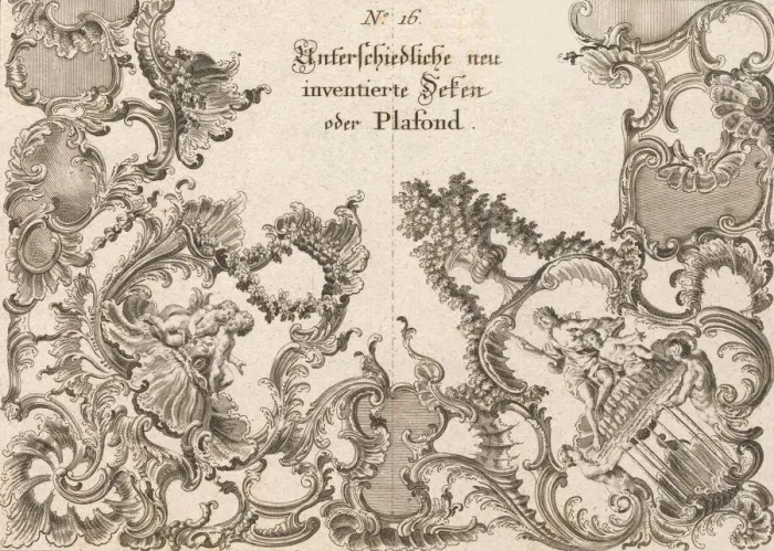 Framed Print : Two Designs for Ceiling Decorations, Plate 1 from Unterschiedliche neu inv Framed Print : Two Designs for Ceiling Decorations, Plate 1 from Unterschiedliche neu inv