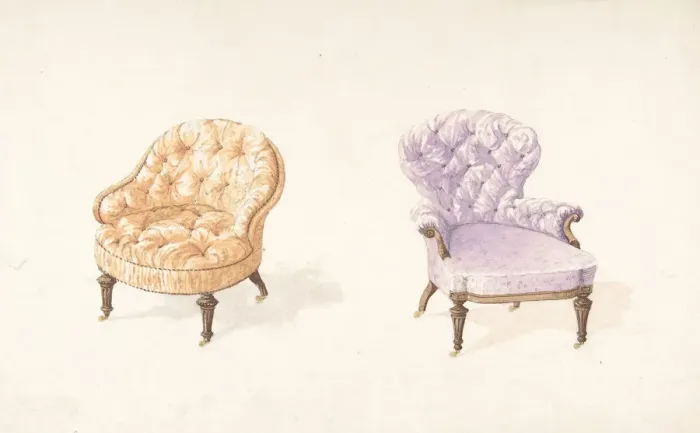 Framed Print : Designs for Two Chairs, 1841-84. Creator: Charles Hindley & Sons Framed Print : Designs for Two Chairs, 1841-84. Creator: Charles Hindley & Sons