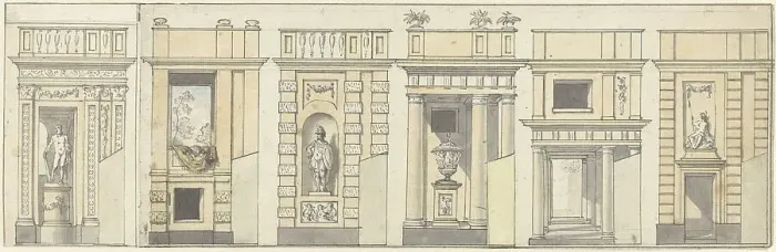 Framed Print : Six designs for a decorative wall, c.1752-c.1819. Creator: Juriaan Andriessen Framed Print : Six designs for a decorative wall, c.1752-c.1819. Creator: Juriaan Andriessen