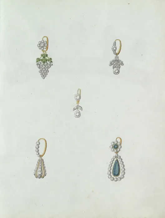 Framed Print : Five designs of earrings, one of which is with a grapes, c.1800-c.1810. Creator: Carl Friedrich Bärthel Framed Print : Five designs of earrings, one of which is with a grapes, c.1800-c.1810. Creator: Carl Friedrich Bärthel