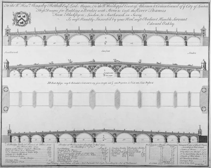 Framed Print : Three designs by Edward Oakley for Blackfriars Bridge, 1756. Artist: Benjamin Cole Framed Print : Three designs by Edward Oakley for Blackfriars Bridge, 1756. Artist: Benjamin Cole
