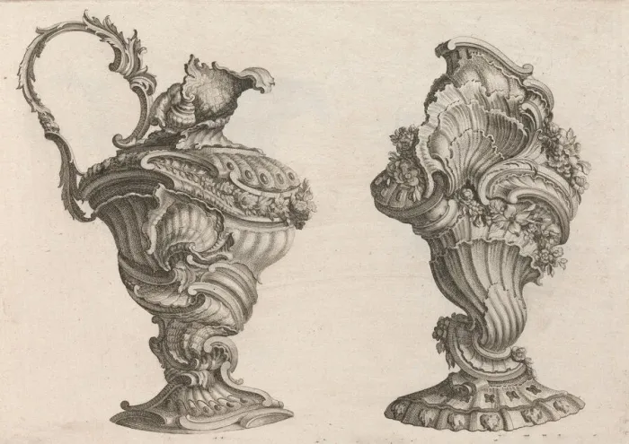 Framed Print : Designs for a Ewer and a Lidded Vase, Plate 2 from: Schone und auf die neu