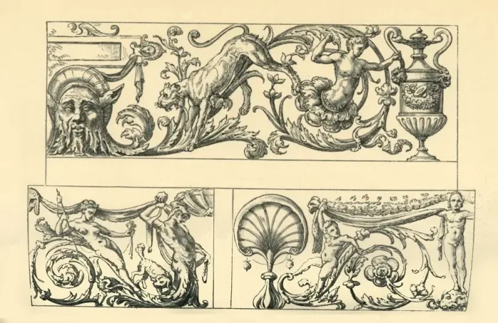 Framed Print : Designs for grotesque friezes, 16th century, (1881). Creator: Unknown Framed Print : Designs for grotesque friezes, 16th century, (1881). Creator: Unknown