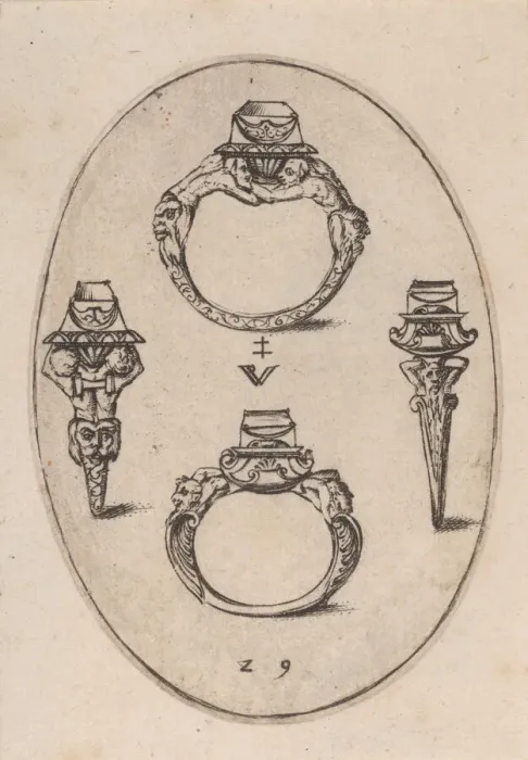 Framed Print : Designs for Four Rings, Plate 29 from Livre d Aneaux d Orfevrerie, 1561 Framed Print : Designs for Four Rings, Plate 29 from Livre d Aneaux d Orfevrerie, 1561