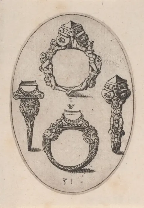 Framed Print : Designs for Four Rings, Plate 31 from Livre d Aneaux d Orfevrerie, 1561 Framed Print : Designs for Four Rings, Plate 31 from Livre d Aneaux d Orfevrerie, 1561