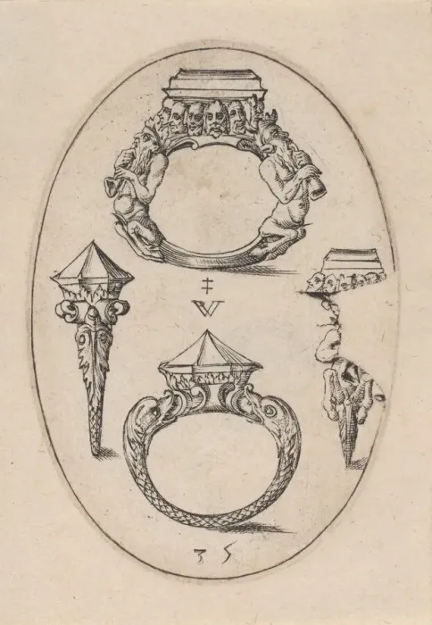 Framed Print : Designs for Four Rings, Plate 35 from Livre d Aneaux d Orfevrerie, 1561 Framed Print : Designs for Four Rings, Plate 35 from Livre d Aneaux d Orfevrerie, 1561