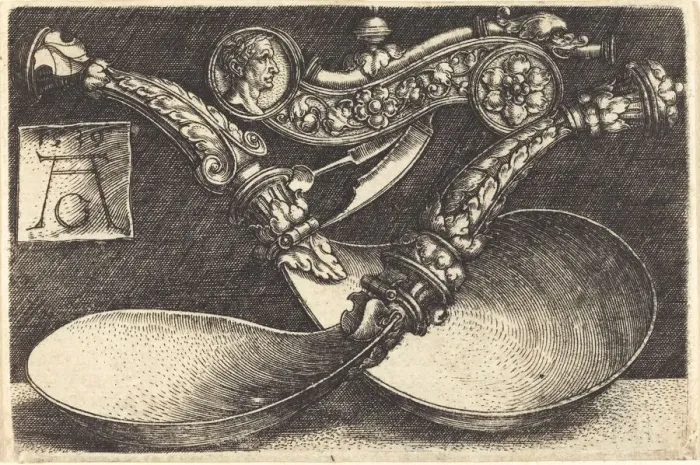 Framed Print : Designs for Two Spoons and a Dog Whistle, 1539. Creator: Heinrich Aldegrever Framed Print : Designs for Two Spoons and a Dog Whistle, 1539. Creator: Heinrich Aldegrever
