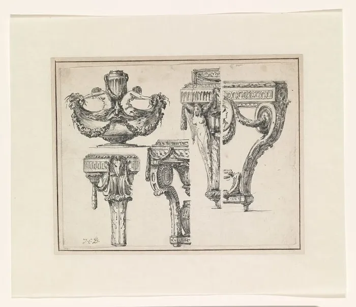 Framed Print : Two designs for tables, stands, a vase and a bowl on a stand, c.1765-c.1780. Creator: Jean Charles Delafosse Framed Print : Two designs for tables, stands, a vase and a bowl on a stand, c.1765-c.1780. Creator: Jean Charles Delafosse