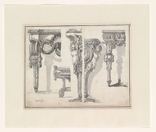 Two designs for tables, stands, a vase and a bowl on a stand, c.1765-c.1780. Creator: Jean Charles Delafosse