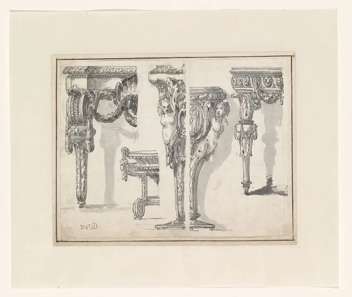 Framed Print : Two designs for tables, stands, a vase and a bowl on a stand, c.1765-c.1780. Creator: Jean Charles Delafosse Framed Print : Two designs for tables, stands, a vase and a bowl on a stand, c.1765-c.1780. Creator: Jean Charles Delafosse