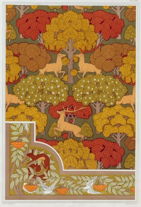 Framed Print : Designs for wallpaper and wallpaper border Deer in the Trees, pub. 1897 Framed Print : Designs for wallpaper and wallpaper border Deer in the Trees, pub. 1897