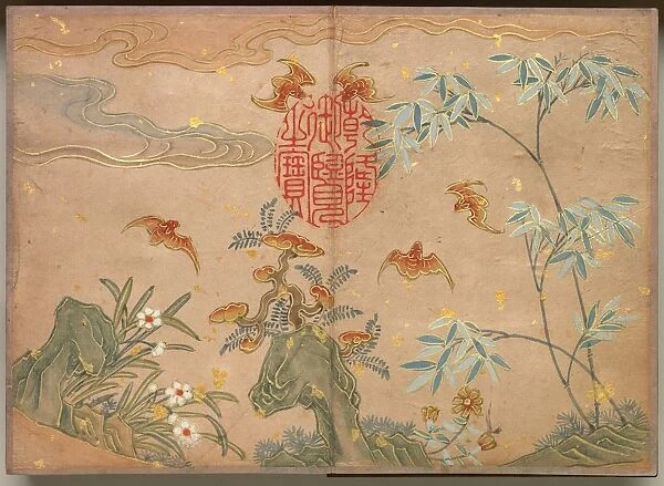 Desk Album: Flower and Bird Paintings (Bats, rocks, flowers oval calligraphy), 18th Century