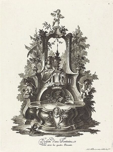 Dessein d'une Fontaine orné avec les quatre Elements (Design for a Fountain...), c. 1755 / 1760. Creator: Johann Esaias Nilson