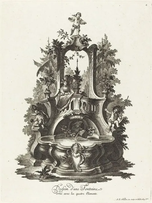 Framed Print : Dessein d'une Fontaine orné avec les quatre Elements (Design for a Fountain...), c. 1755 / 1760. Creator: Johann Esaias Nilson Framed Print : Dessein d'une Fontaine orné avec les quatre Elements (Design for a Fountain...), c. 1755 / 1760. Creator: Johann Esaias Nilson