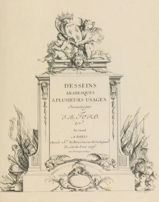 Framed Print : Desseins Arabesques a Plusieurs Usages Inventes par J. B. Toro (Title Page), 1716 Framed Print : Desseins Arabesques a Plusieurs Usages Inventes par J. B. Toro (Title Page), 1716