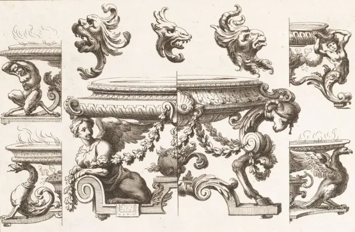 Framed Print : Desseins de Brasiers dont les Ornements peuuent Seruir aux Cuuettes, Tables, et autre