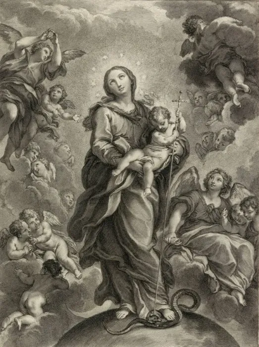 Framed Print : Destroy the dragon without sword; (Dan. 14. 25); Virgin and Child on hemisphere. Creator: Johann Jakob Frey the Elder Framed Print : Destroy the dragon without sword; (Dan. 14. 25); Virgin and Child on hemisphere. Creator: Johann Jakob Frey the Elder