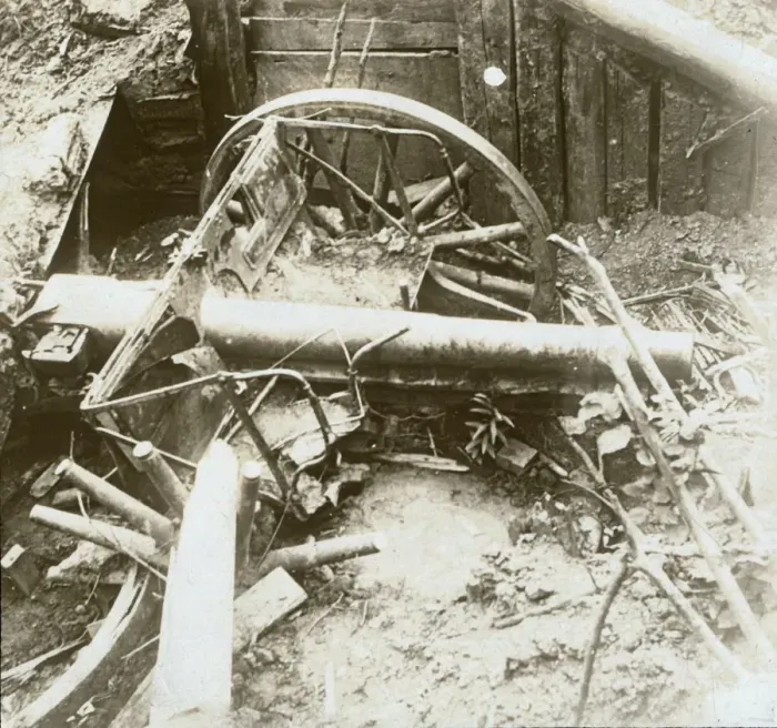 Framed Print : Destroyed 7. 7 field gun, Yser, Belgium, c1914-c1918 Framed Print : Destroyed 7. 7 field gun, Yser, Belgium, c1914-c1918
