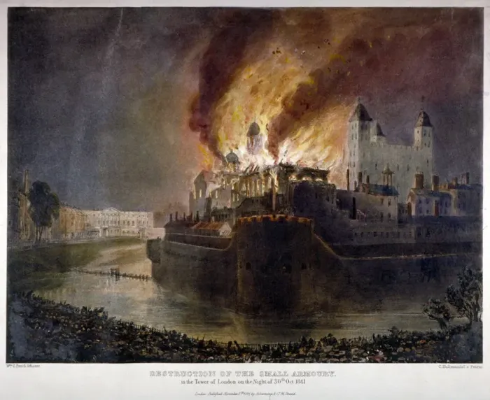 Framed Print : Destruction of the Armoury in the Tower of London by fire, 30 October 1841. Artist Framed Print : Destruction of the Armoury in the Tower of London by fire, 30 October 1841. Artist