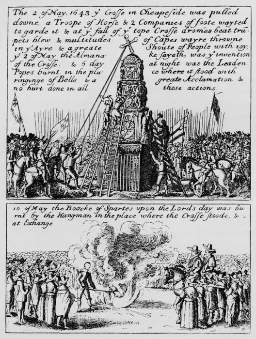 Framed Print : The destruction of Cheapside Cross and the burning of the Book of Sports, May 1643 (1903) Framed Print : The destruction of Cheapside Cross and the burning of the Book of Sports, May 1643 (1903)