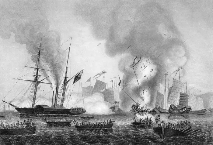 Framed Print : The destruction of the Chinese war junk in Ansons Bay, 7 January 1841 (c1857). Artist: George Greatbatch Framed Print : The destruction of the Chinese war junk in Ansons Bay, 7 January 1841 (c1857). Artist: George Greatbatch