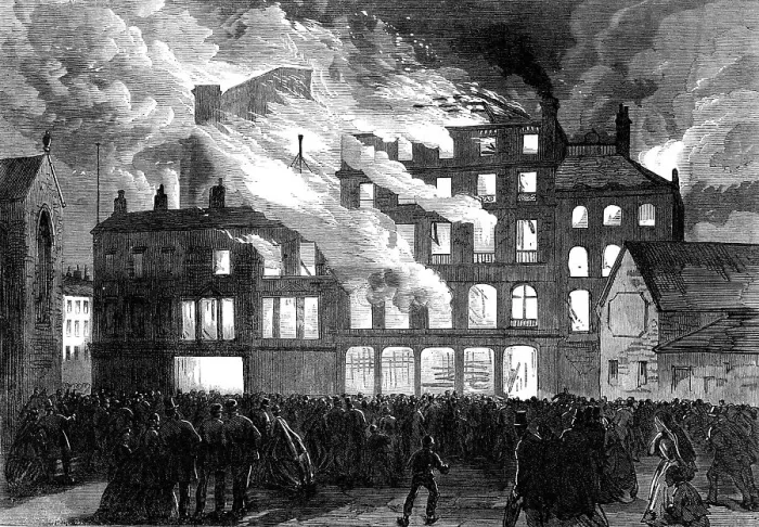 Framed Print : Destruction of Compton House, Church-Street, Liverpool, by fire, 1865. Creator: Unknown Framed Print : Destruction of Compton House, Church-Street, Liverpool, by fire, 1865. Creator: Unknown