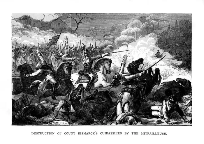 Framed Print : Destruction of Count Bismarcks Cuirassiers by the Mitrailleuse, c1870, (1875) Framed Print : Destruction of Count Bismarcks Cuirassiers by the Mitrailleuse, c1870, (1875)