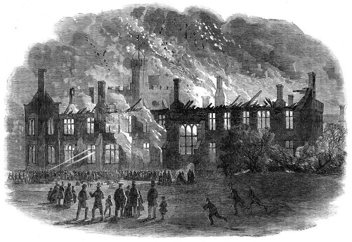 Framed Print : Destruction by fire of the western wing of Queen's College, Cork, on Thursday week, 1862. Creator: Unknown Framed Print : Destruction by fire of the western wing of Queen's College, Cork, on Thursday week, 1862. Creator: Unknown