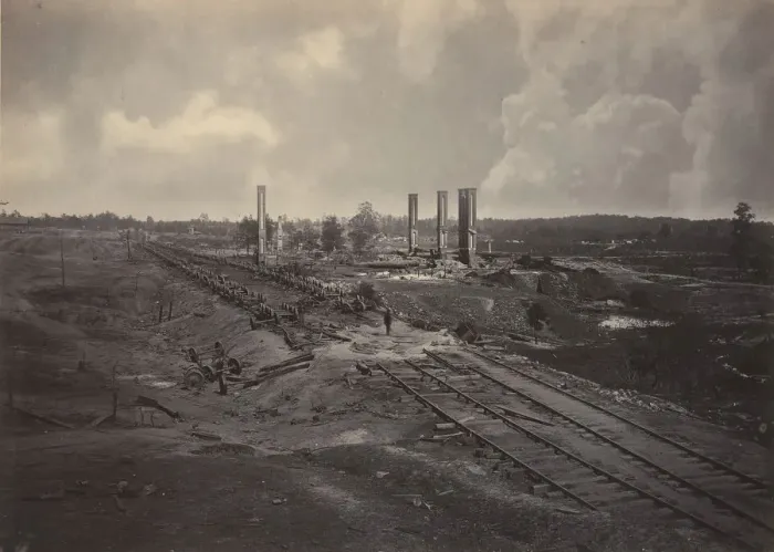 Framed Print : Destruction of Hoods Ordinance Train, 1860s. Creator: George N. Barnard Framed Print : Destruction of Hoods Ordinance Train, 1860s. Creator: George N. Barnard